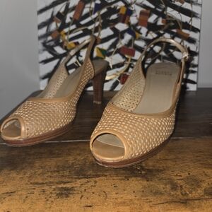 Stuart Weitzman Tan Peep-Toe Slingback Heels